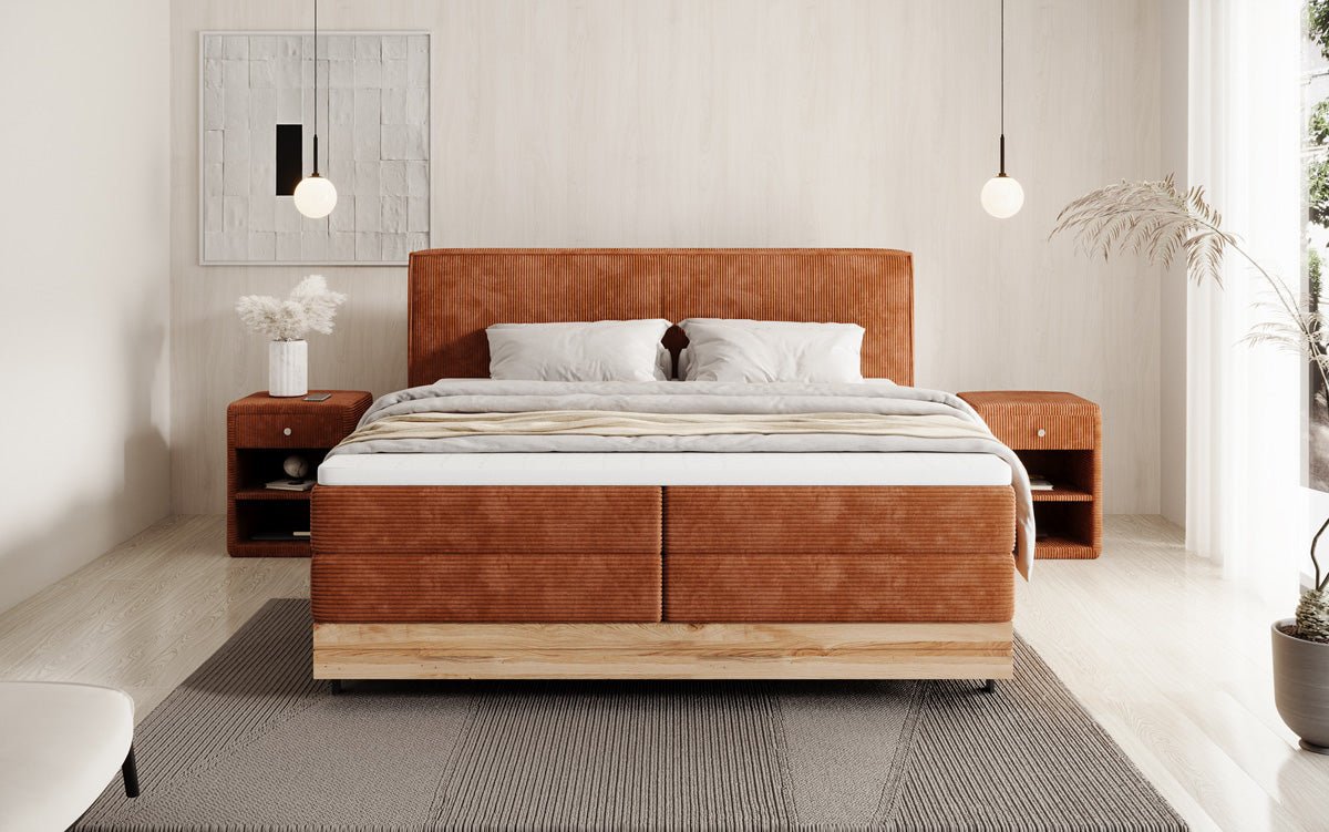 Houten bed/Boxspringbed Nero met opbergruimte in Ribstof