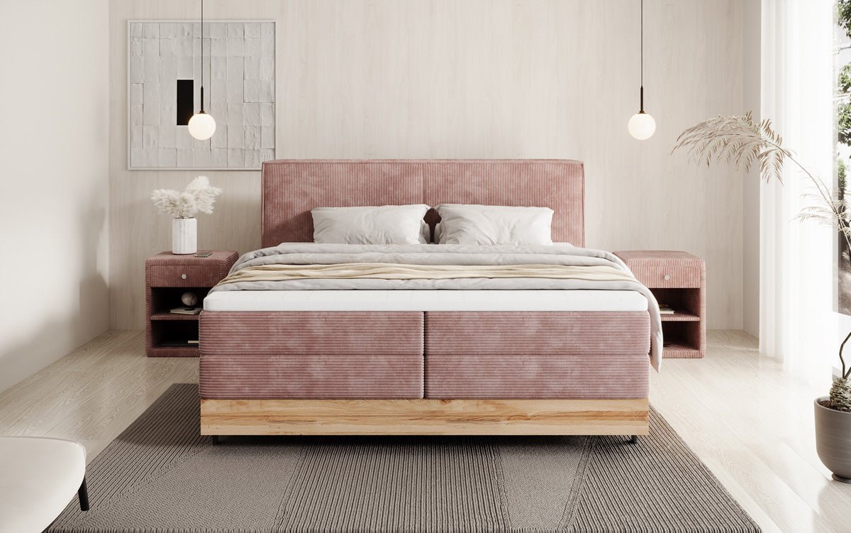 Houten bed/Boxspringbed Nero met opbergruimte in Ribstof