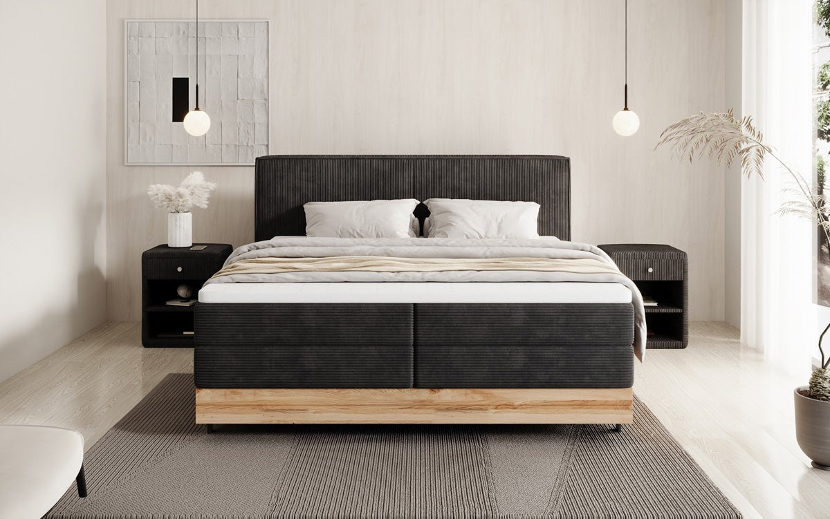 Houten bed/Boxspringbed Nero met opbergruimte in Ribstof