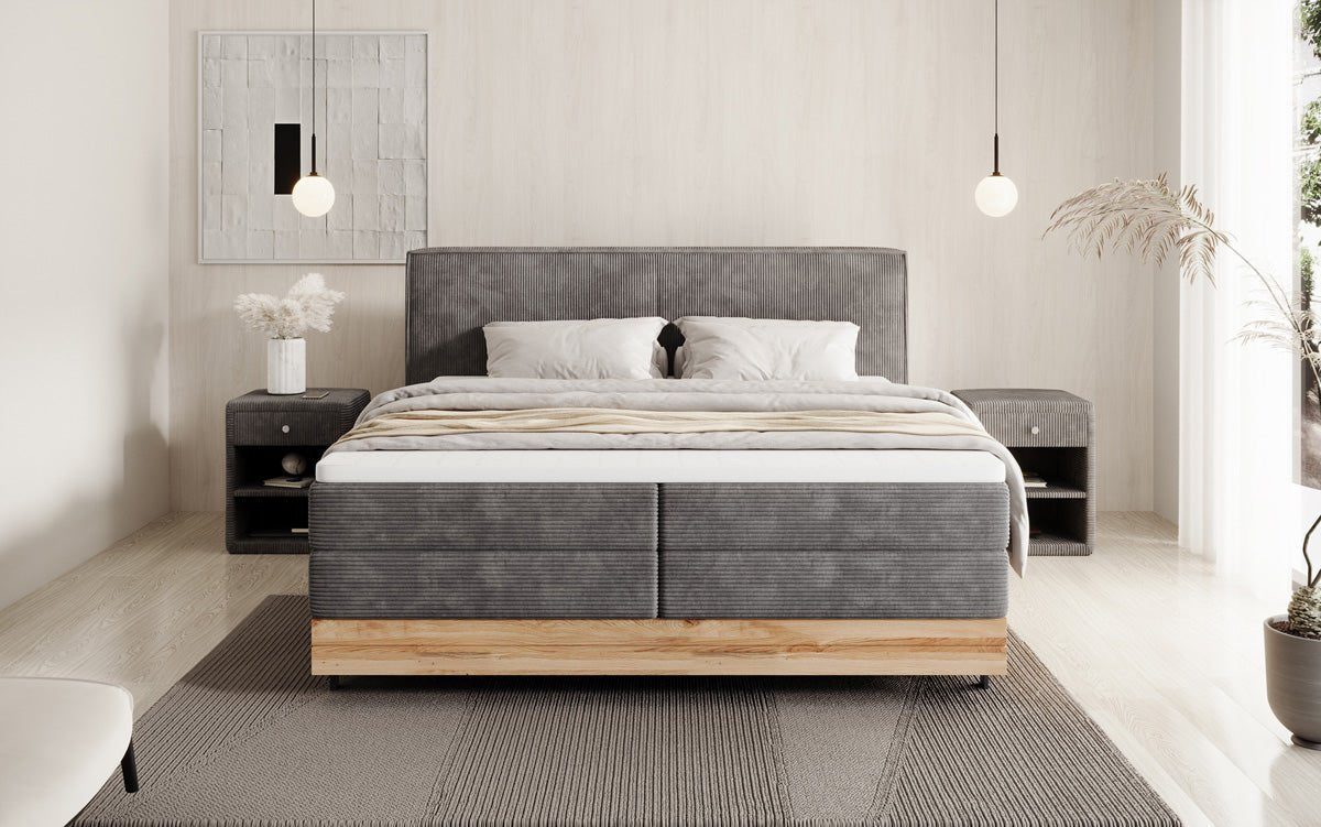 Houten bed/Boxspringbed Nero met opbergruimte in Ribstof