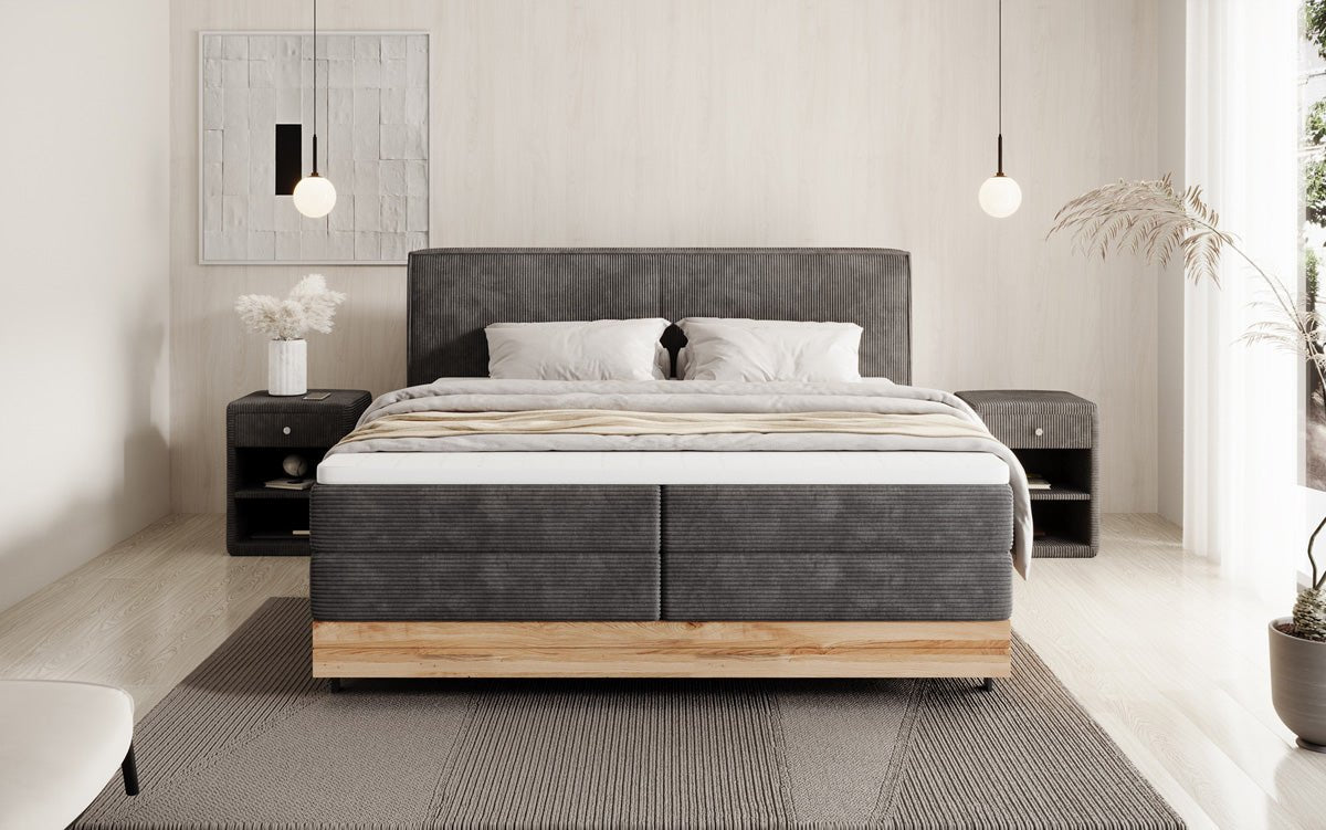 Houten bed/Boxspringbed Nero met opbergruimte in Ribstof
