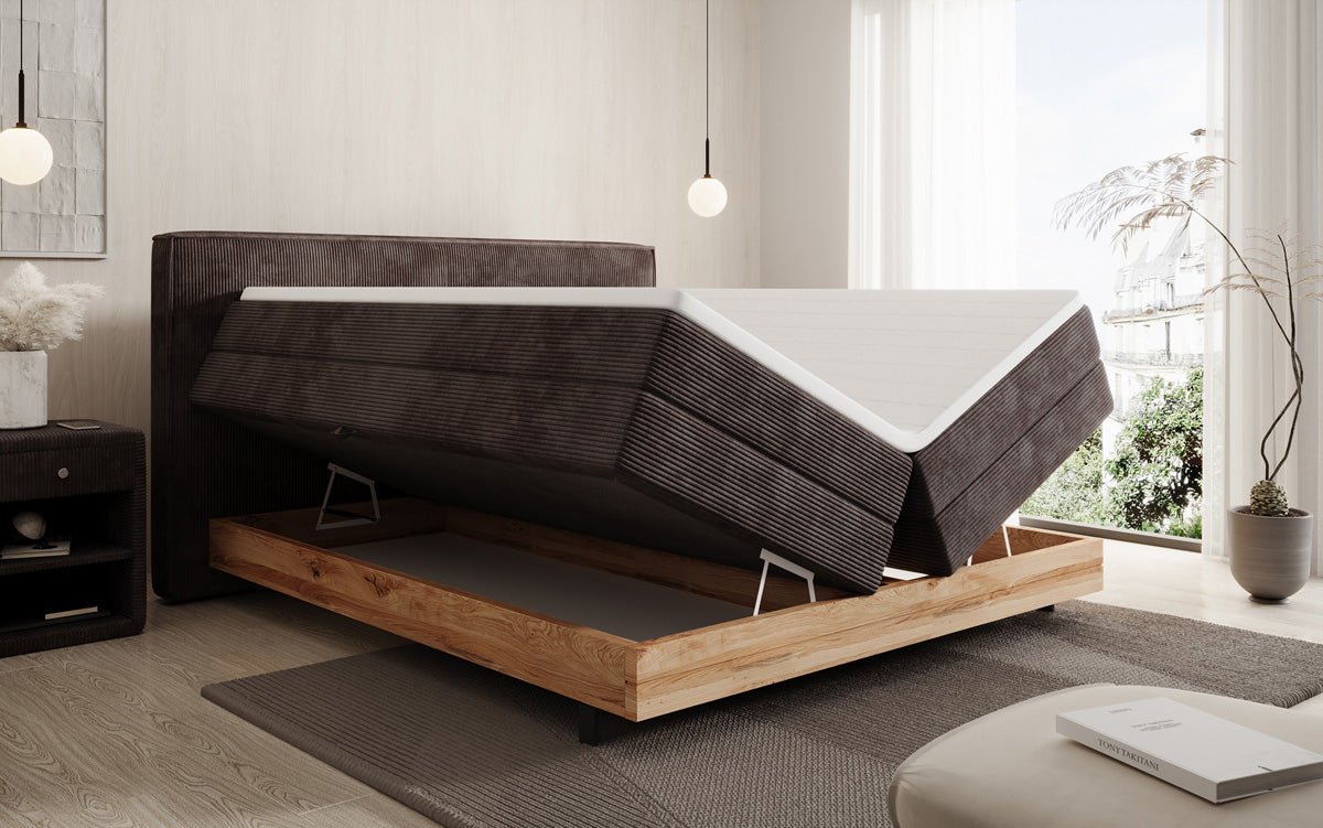 Houten bed/Boxspringbed Nero met opbergruimte in Ribstof