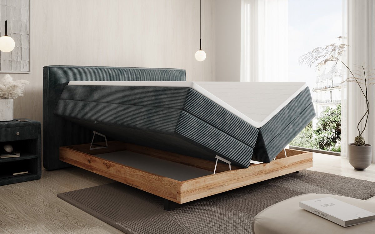 Houten bed/Boxspringbed Nero met opbergruimte in Ribstof