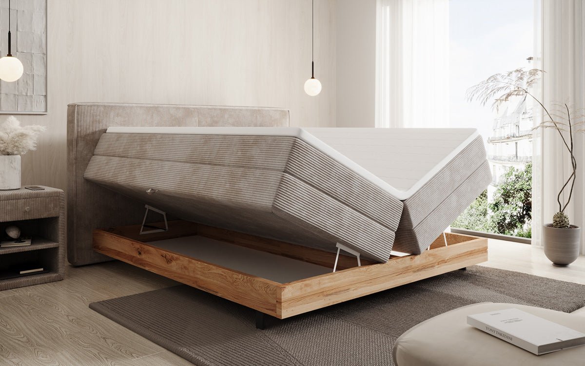 Houten bed/Boxspringbed Nero met opbergruimte in Ribstof
