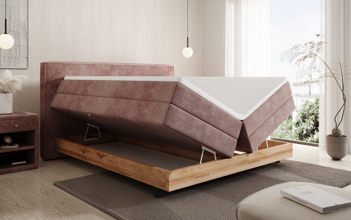Houten bed/Boxspringbed Nero met opbergruimte in Ribstof