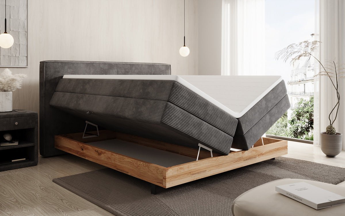Houten bed/Boxspringbed Nero met opbergruimte in Ribstof