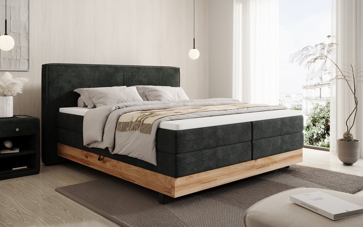 Houten bed/Boxspringbed Nero met opbergruimte in Ribstof