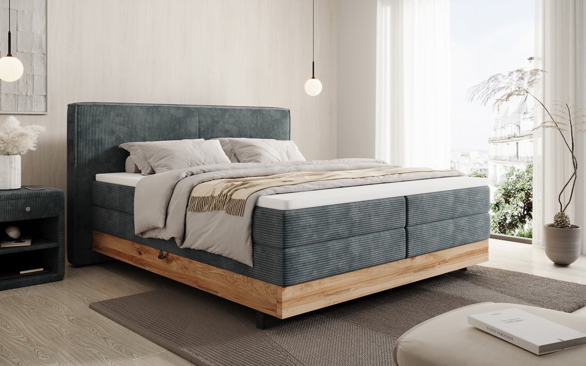 Houten bed/Boxspringbed Nero met opbergruimte in Ribstof
