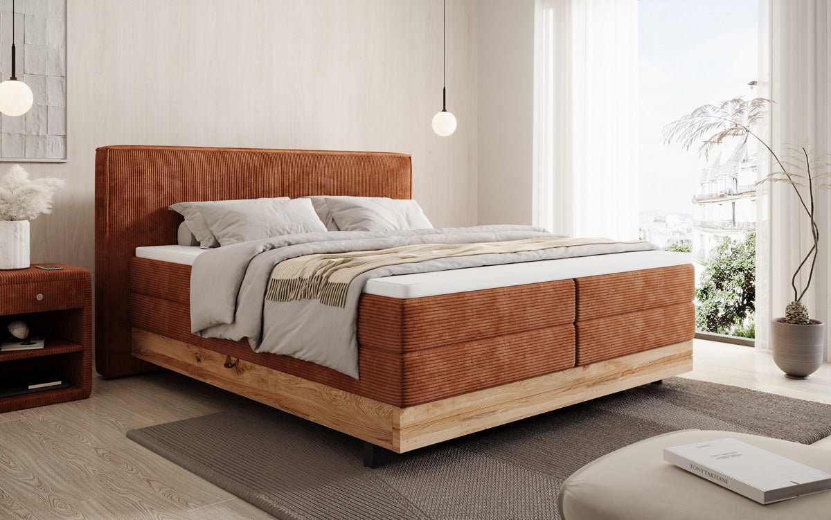Houten bed/Boxspringbed Nero met opbergruimte in Ribstof
