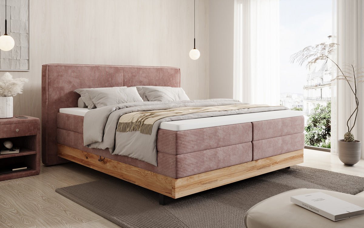 Houten bed/Boxspringbed Nero met opbergruimte in Ribstof