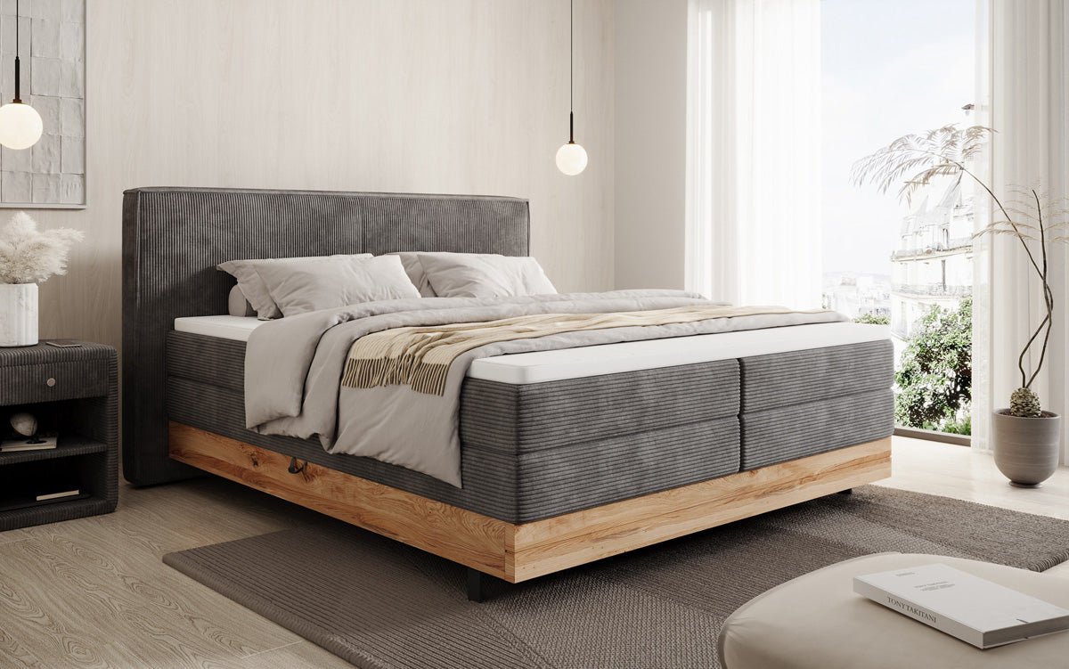 Houten bed/Boxspringbed Nero met opbergruimte in Ribstof
