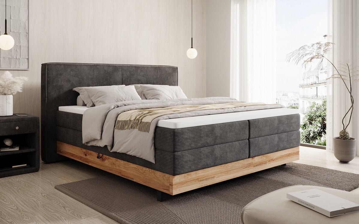 Houten bed/Boxspringbed Nero met opbergruimte in Ribstof