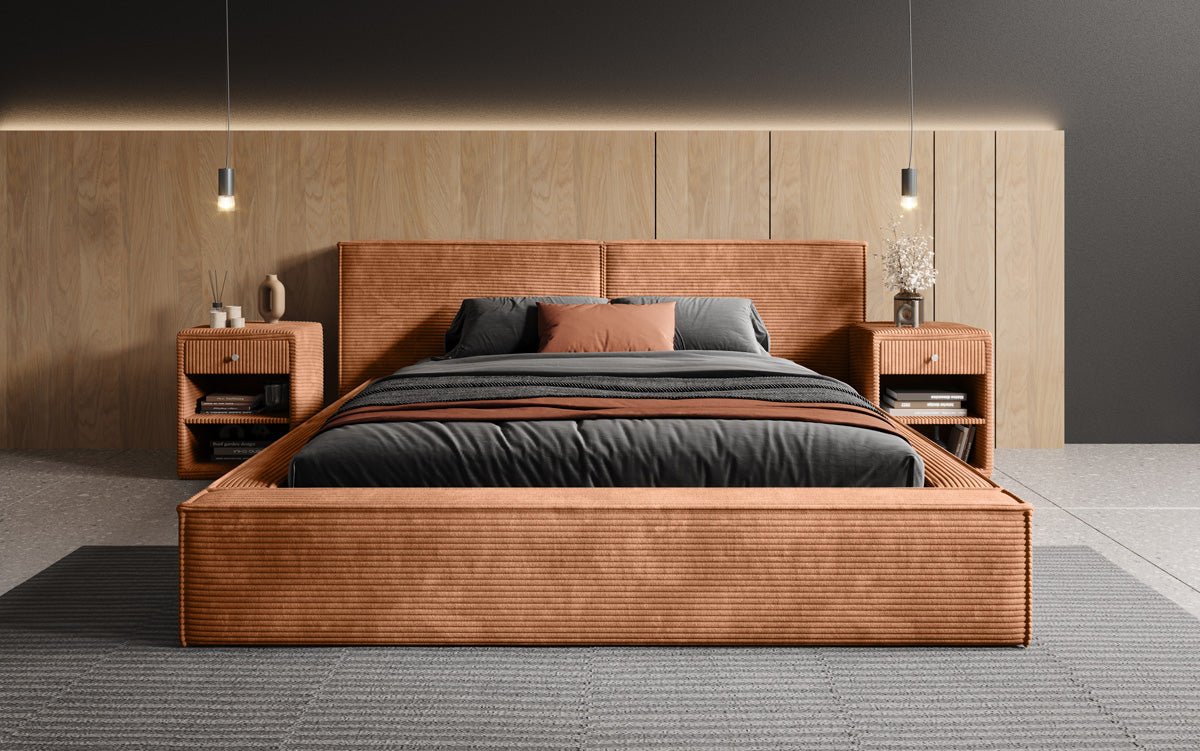 Designer gestoffeerd bed Ophelia in corduroy met opbergruimte