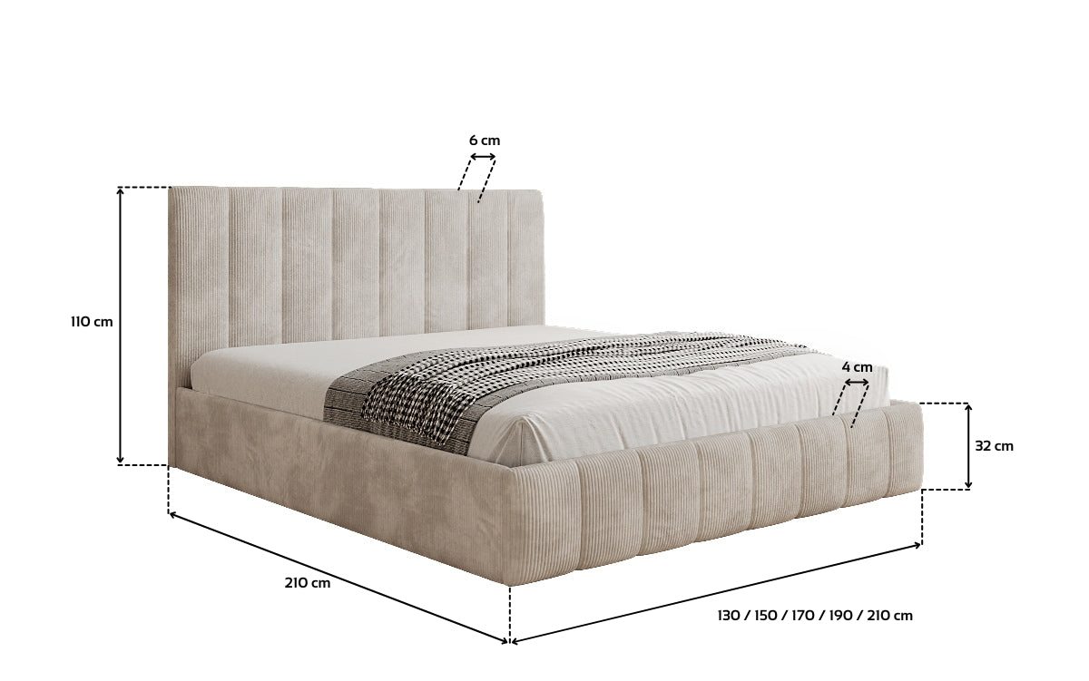 Designer gestoffeerd bed Mila in Ribstof met opbergruimte