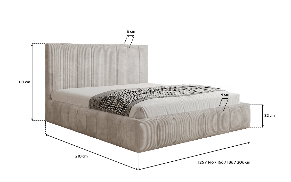 Designer gestoffeerd bed Maja in Ribstof met opbergruimte