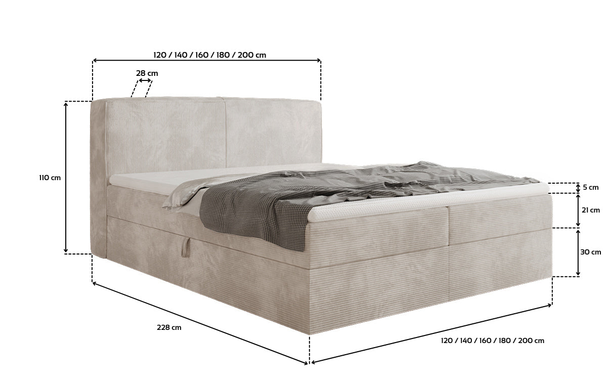 Boxspringbed Marea in Ribstof met opbergruimte