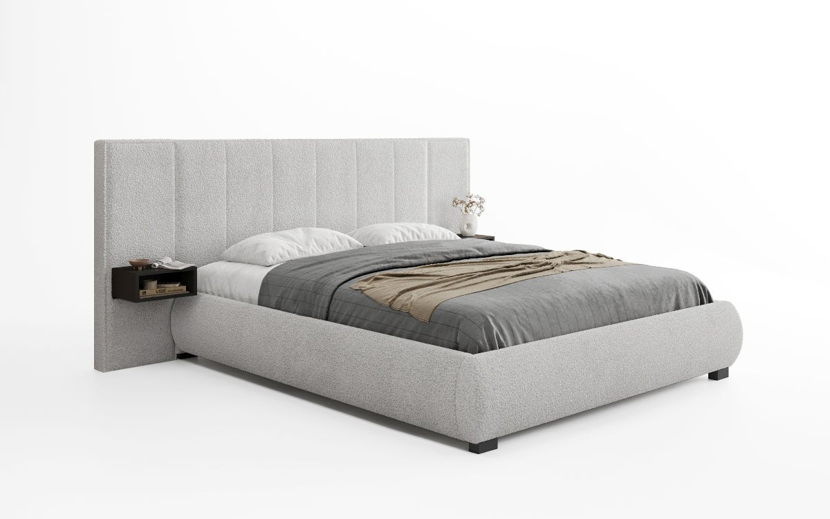 Designer gestoffeerd bed Elvara in Bouclé met opbergruimte