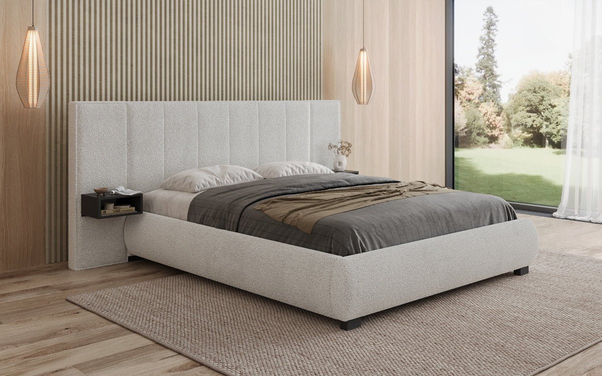 Designer gestoffeerd bed Elvara in Bouclé met opbergruimte