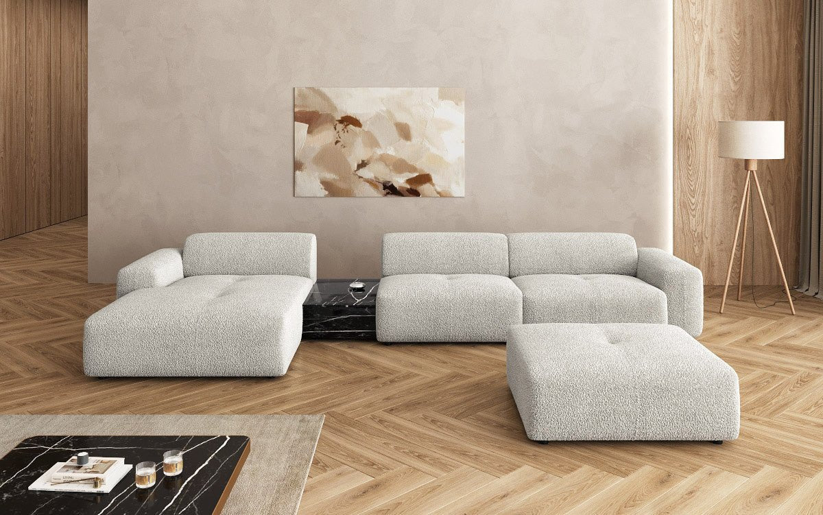 Designerbank Calm L met bijzetkruk en bijzettafel in Bouclé