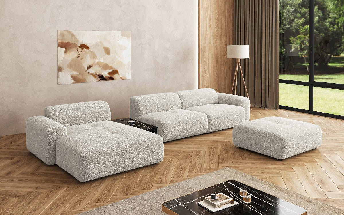 Designerbank Calm L met bijzetkruk en bijzettafel in Bouclé