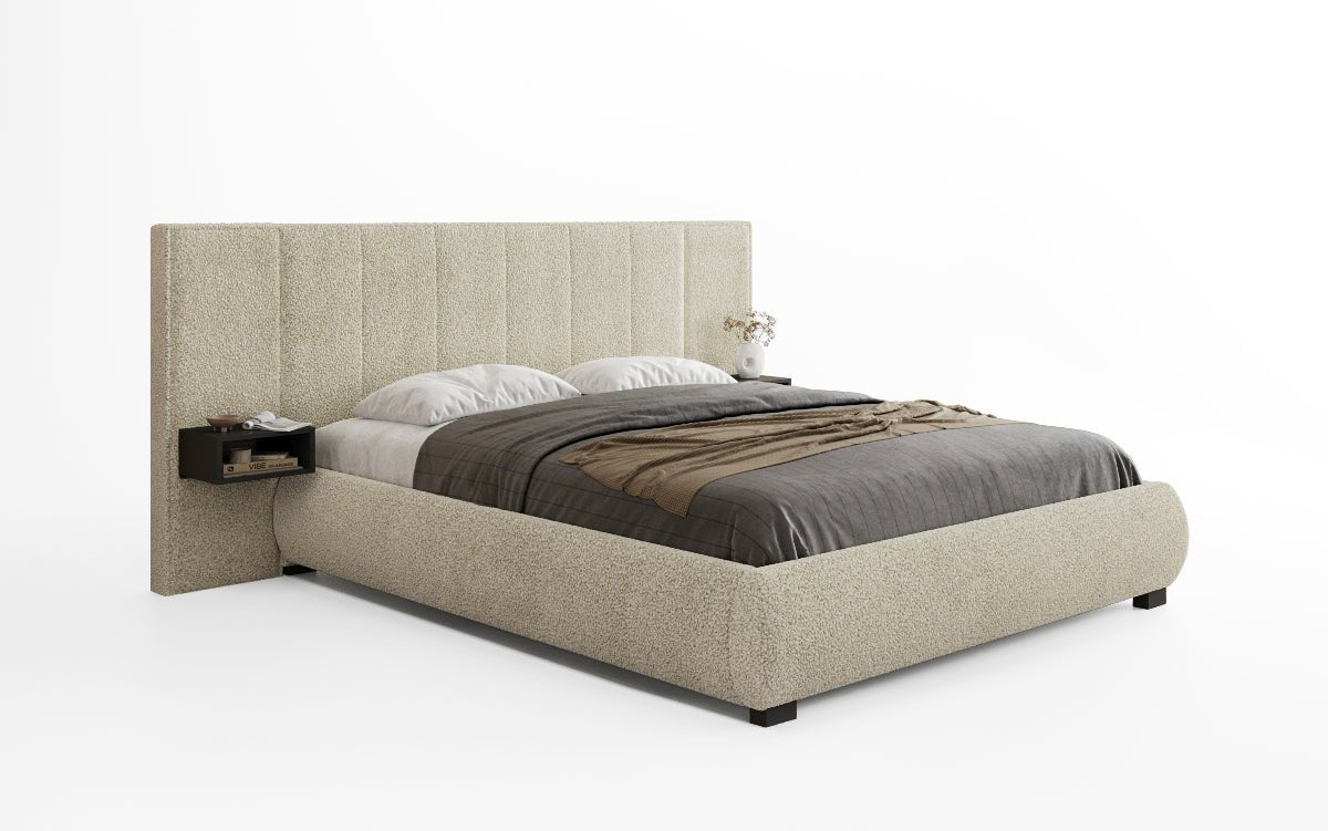 Designer gestoffeerd bed Elvara in Bouclé met opbergruimte