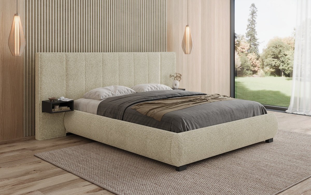 Designer gestoffeerd bed Elvara in Bouclé met opbergruimte