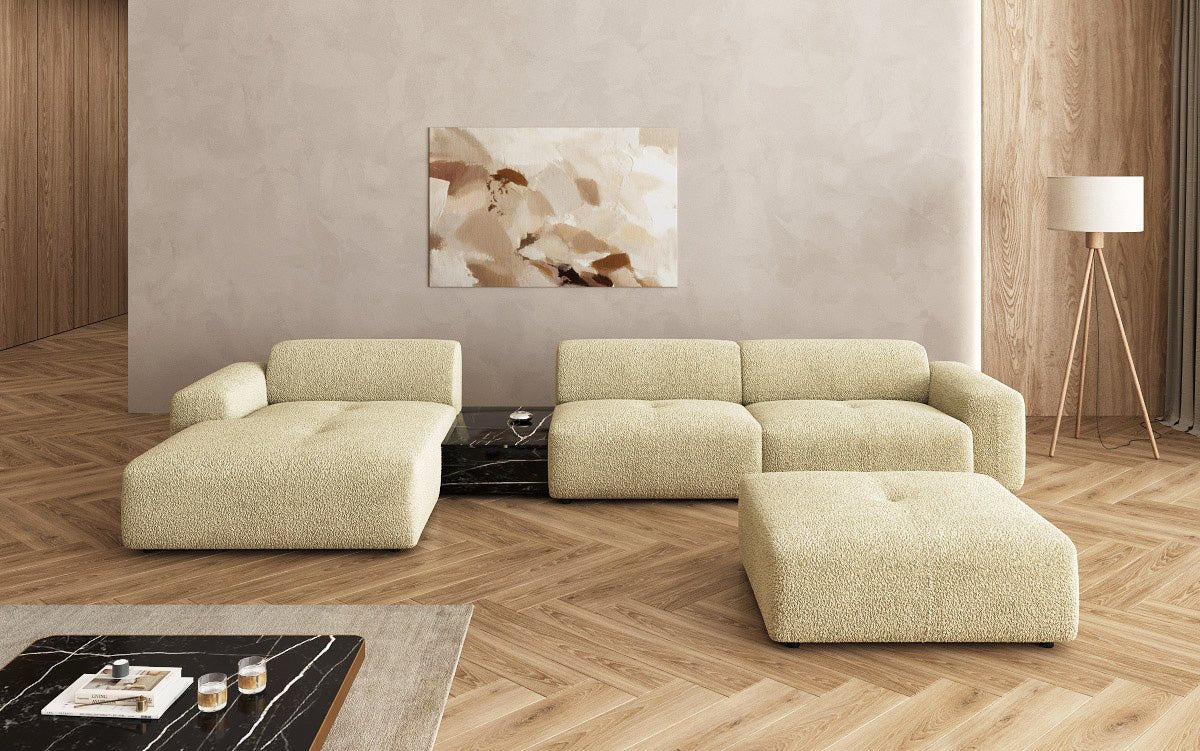 Designerbank Calm L met bijzetkruk en bijzettafel in Bouclé