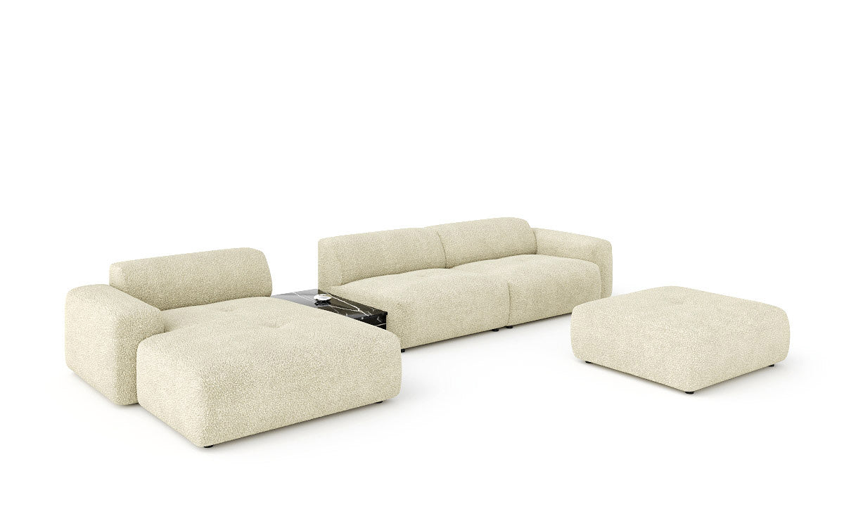 Designerbank Calm L met bijzetkruk en bijzettafel in Bouclé
