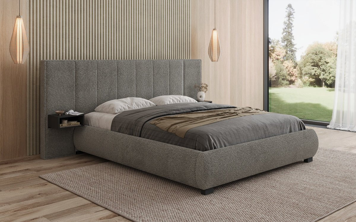 Designer gestoffeerd bed Elvara in Bouclé met opbergruimte