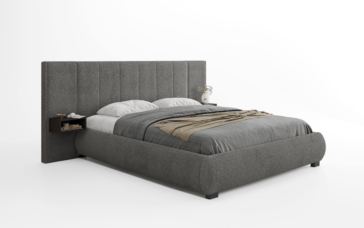 Designer gestoffeerd bed Elvara in Bouclé met opbergruimte
