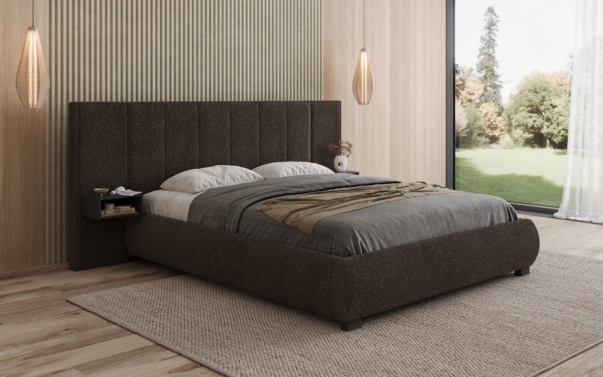 Designer gestoffeerd bed Elvara in Bouclé met opbergruimte
