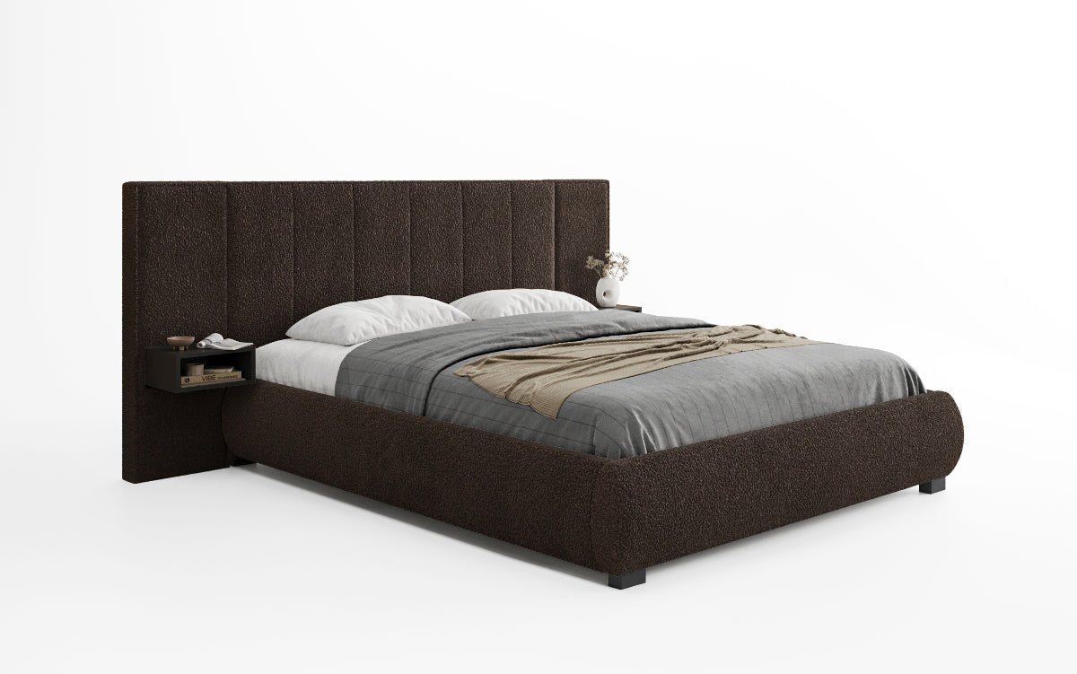 Designer gestoffeerd bed Elvara in Bouclé met opbergruimte