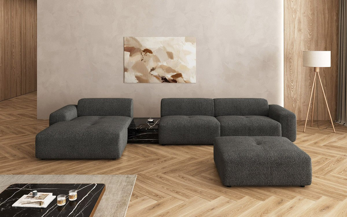 Designerbank Calm L met bijzetkruk en bijzettafel in Bouclé