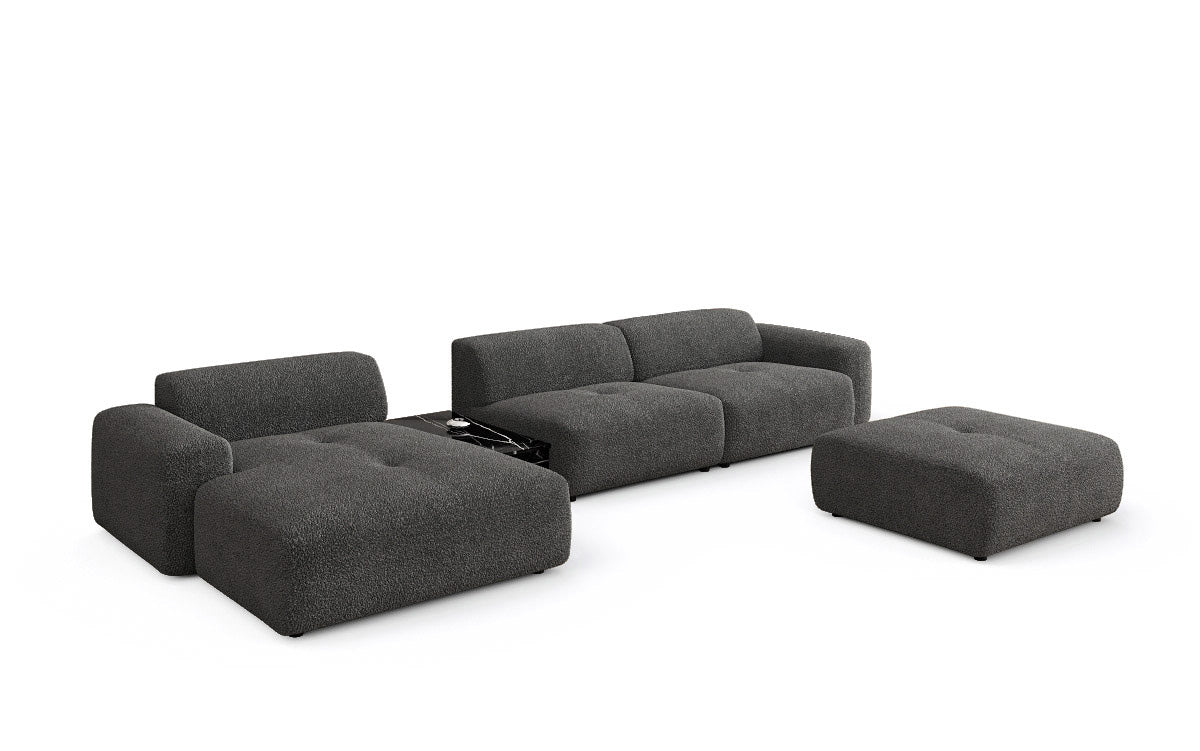 Designerbank Calm L met bijzetkruk en bijzettafel in Bouclé