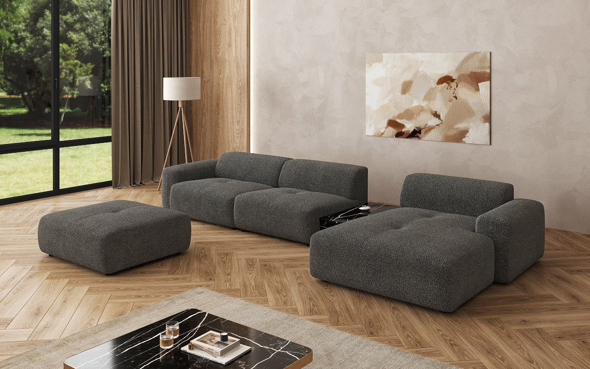 Designerbank Calm L met bijzetkruk en bijzettafel in Bouclé
