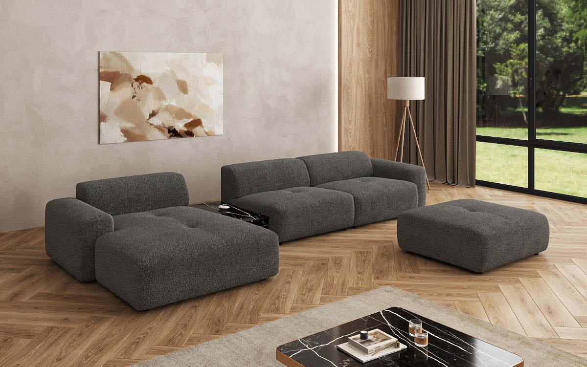 Designerbank Calm L met bijzetkruk en bijzettafel in Bouclé