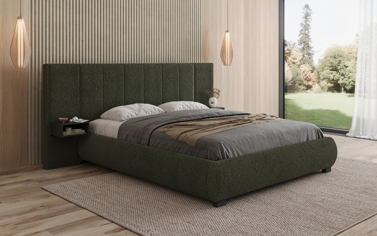 Designer gestoffeerd bed Elvara in Bouclé met opbergruimte