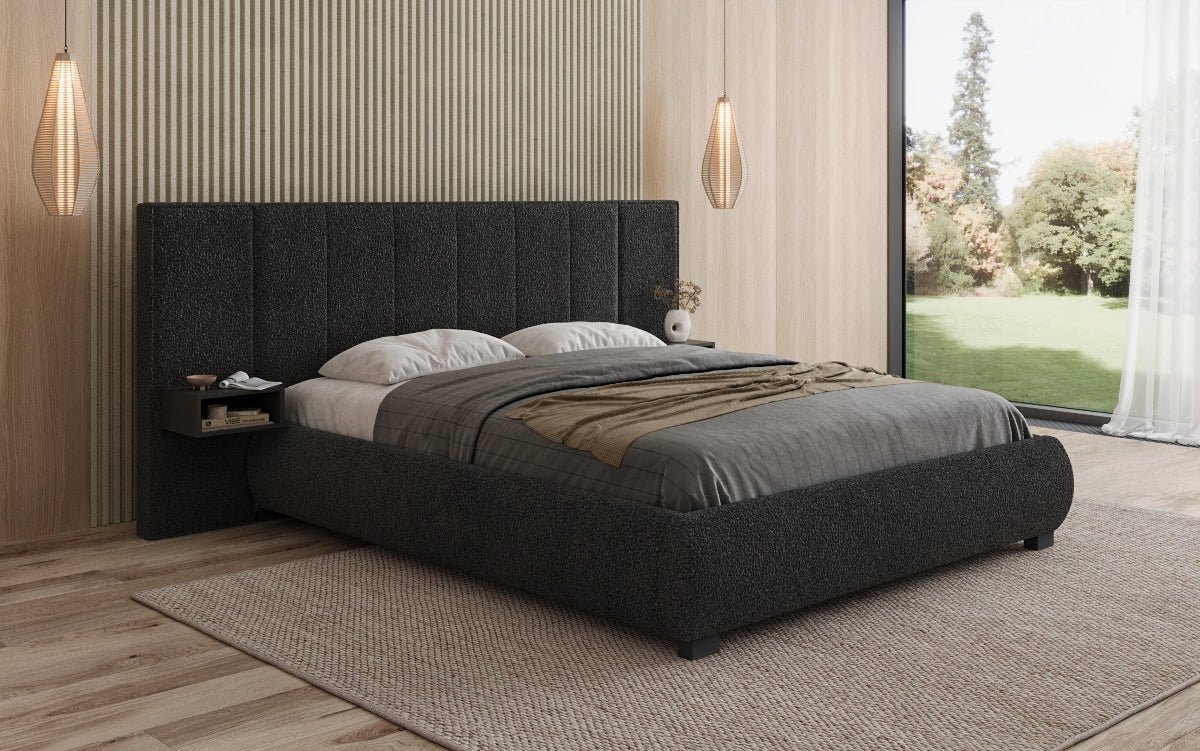 Designer gestoffeerd bed Elvara in Bouclé met opbergruimte