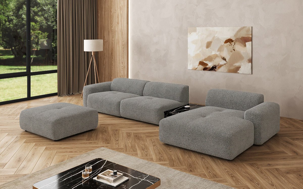 Designerbank Calm L met bijzetkruk en bijzettafel in Bouclé