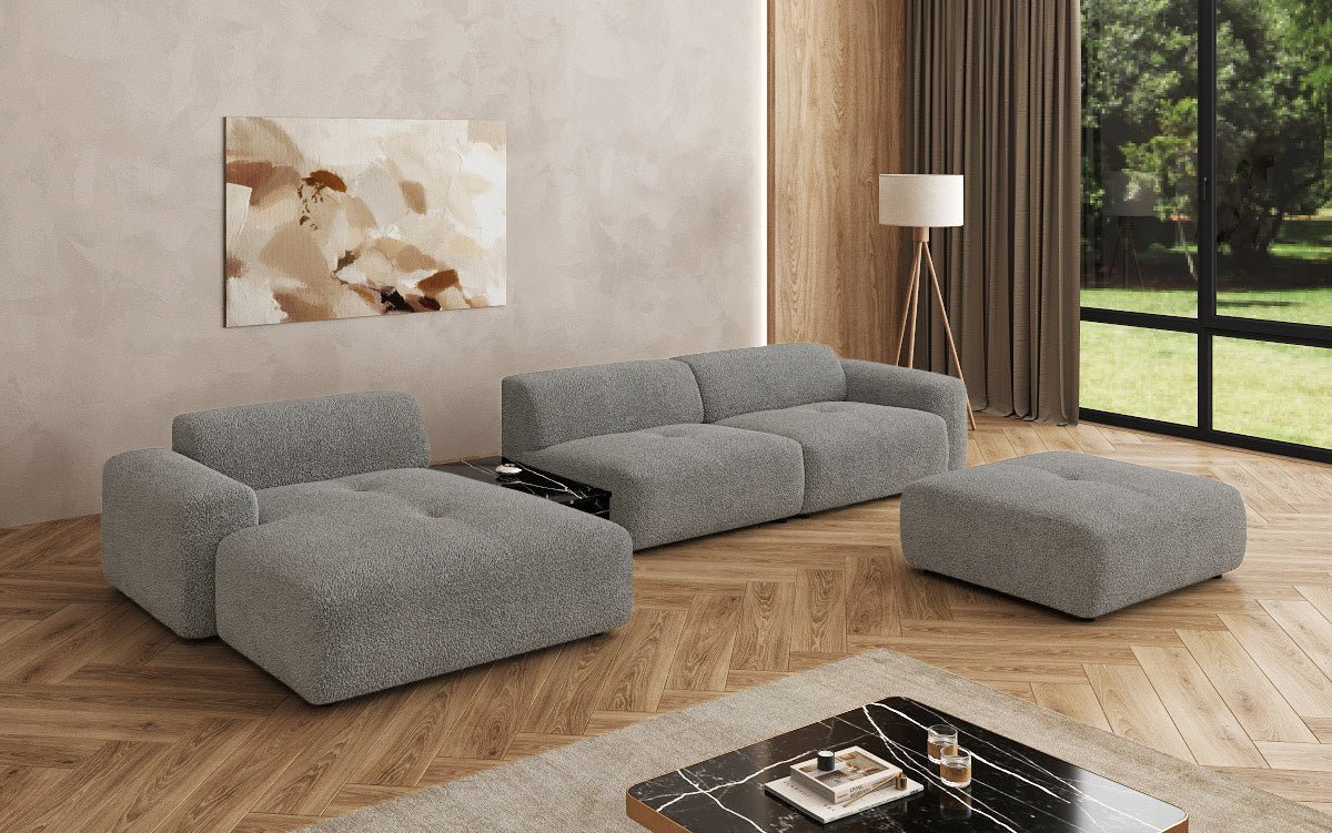 Designerbank Calm L met bijzetkruk en bijzettafel in Bouclé