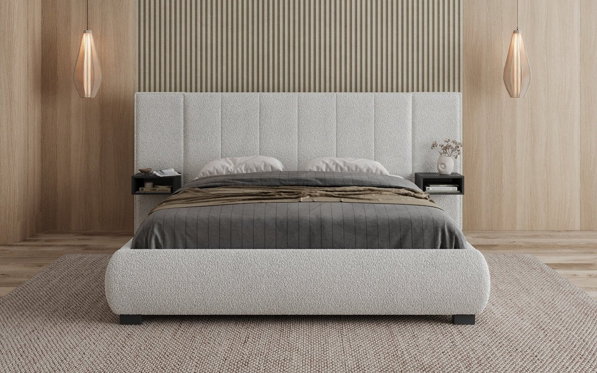 Designer gestoffeerd bed Elvara in Bouclé met opbergruimte