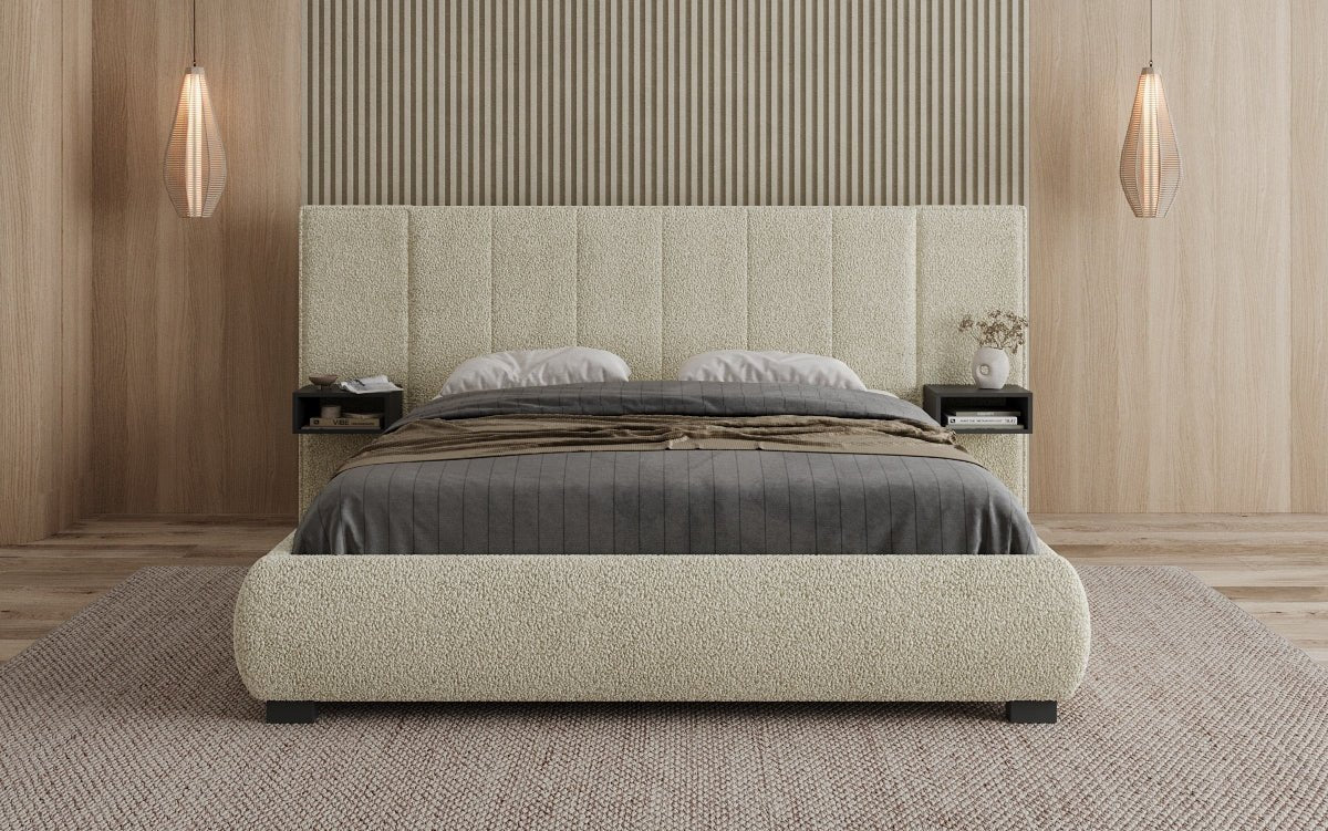 Designer gestoffeerd bed Elvara in Bouclé met opbergruimte
