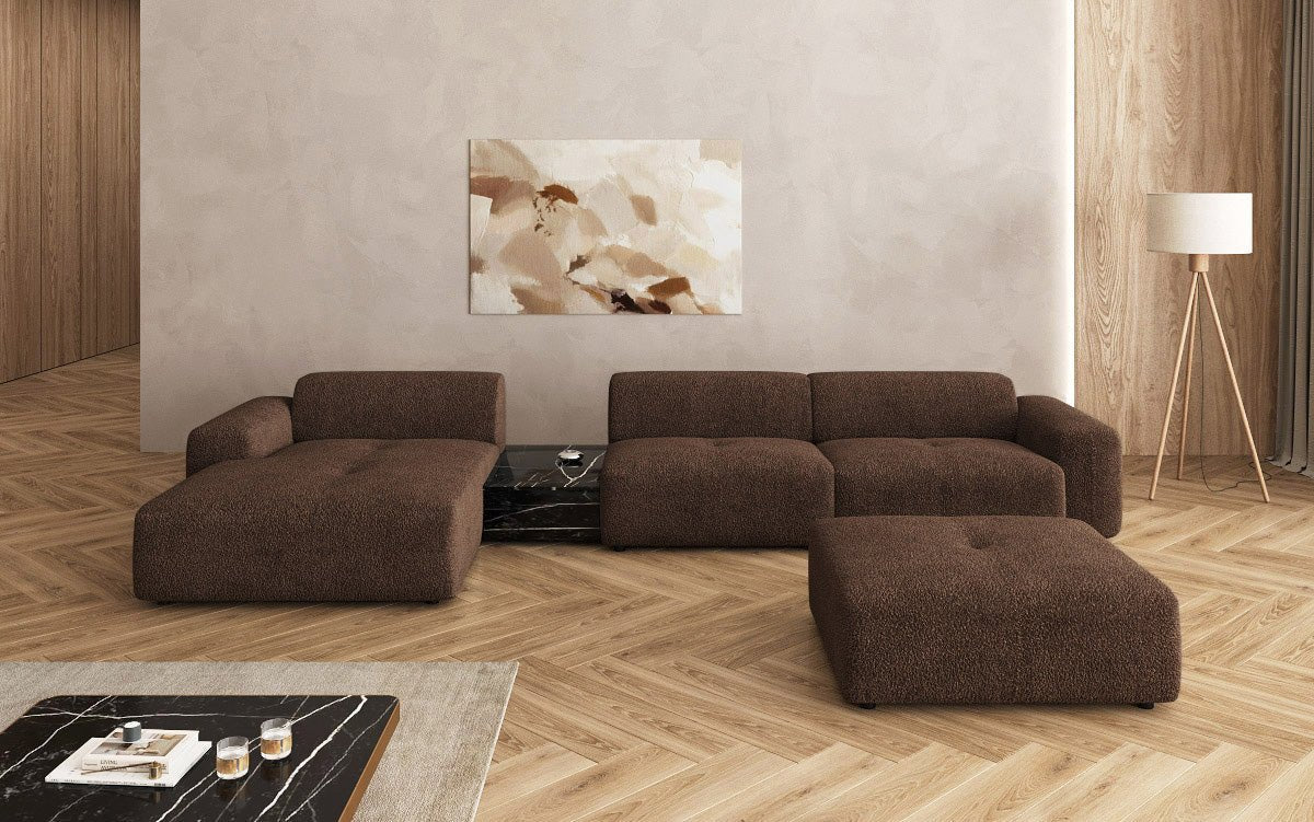 Designerbank Calm L met bijzetkruk en bijzettafel in Bouclé