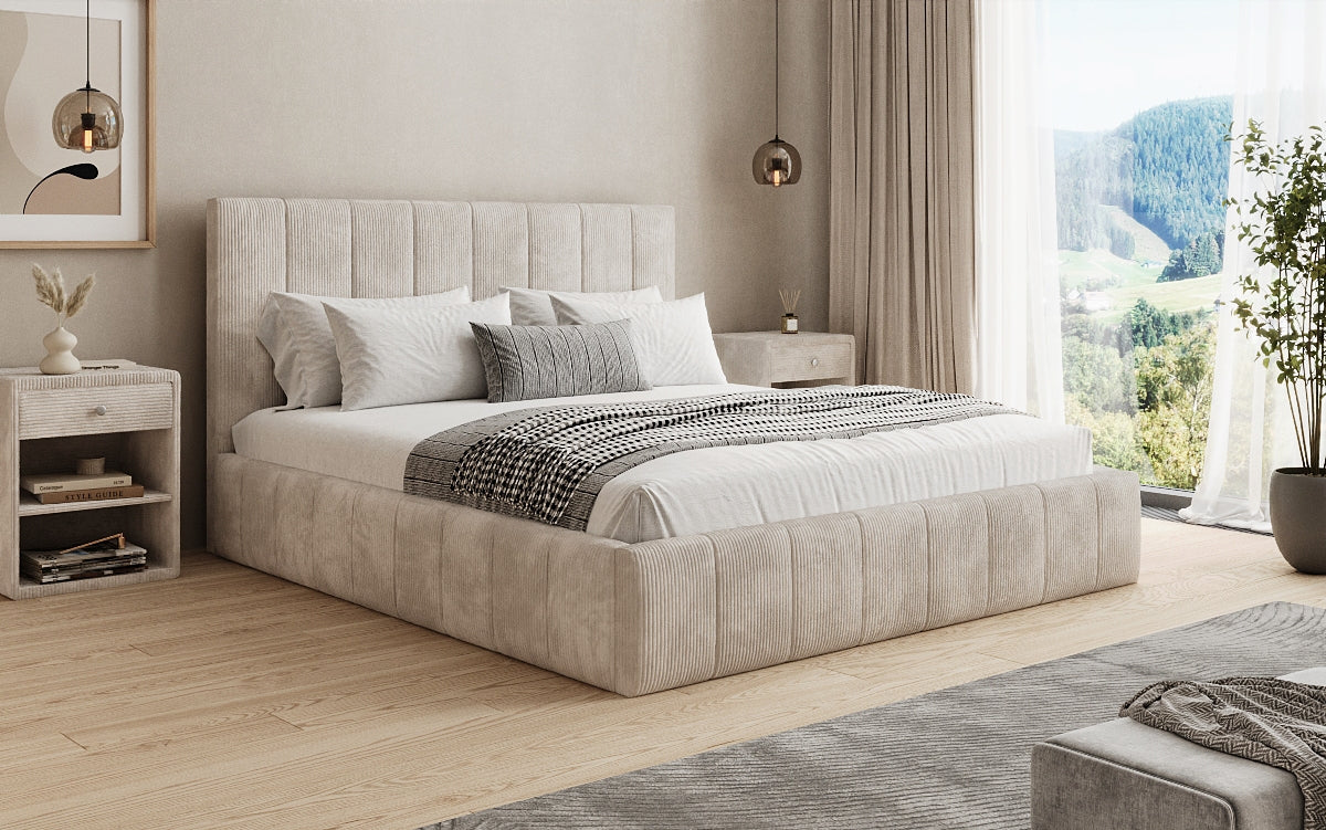 Designer gestoffeerd bed Maja in Ribstof met opbergruimte