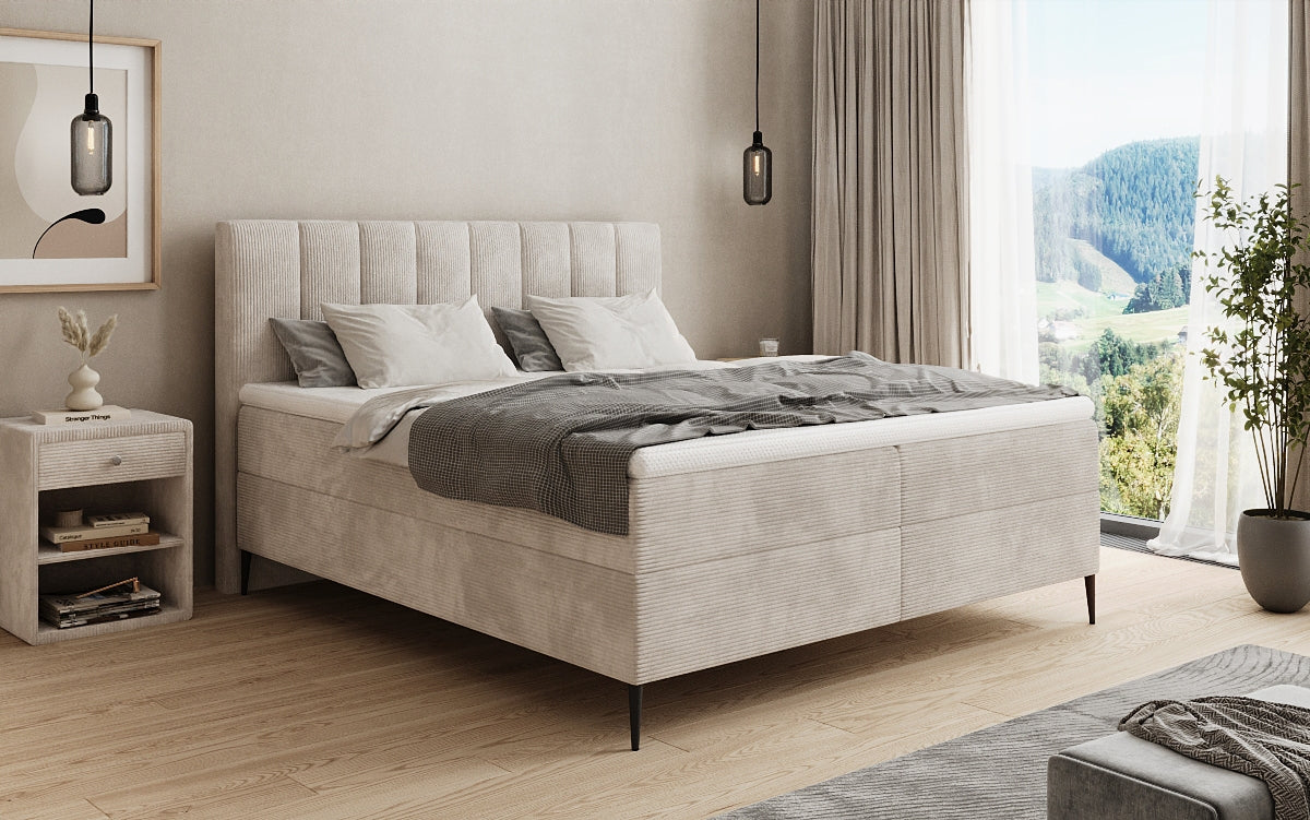 Boxspringbed Lucca in Ribstof met opbergruimte en poten