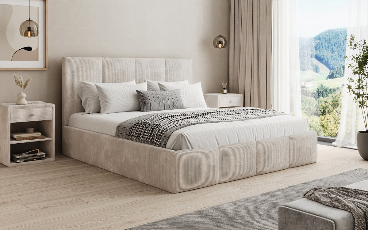 Designer gestoffeerd bed Mina in Ribstof met opbergruimte