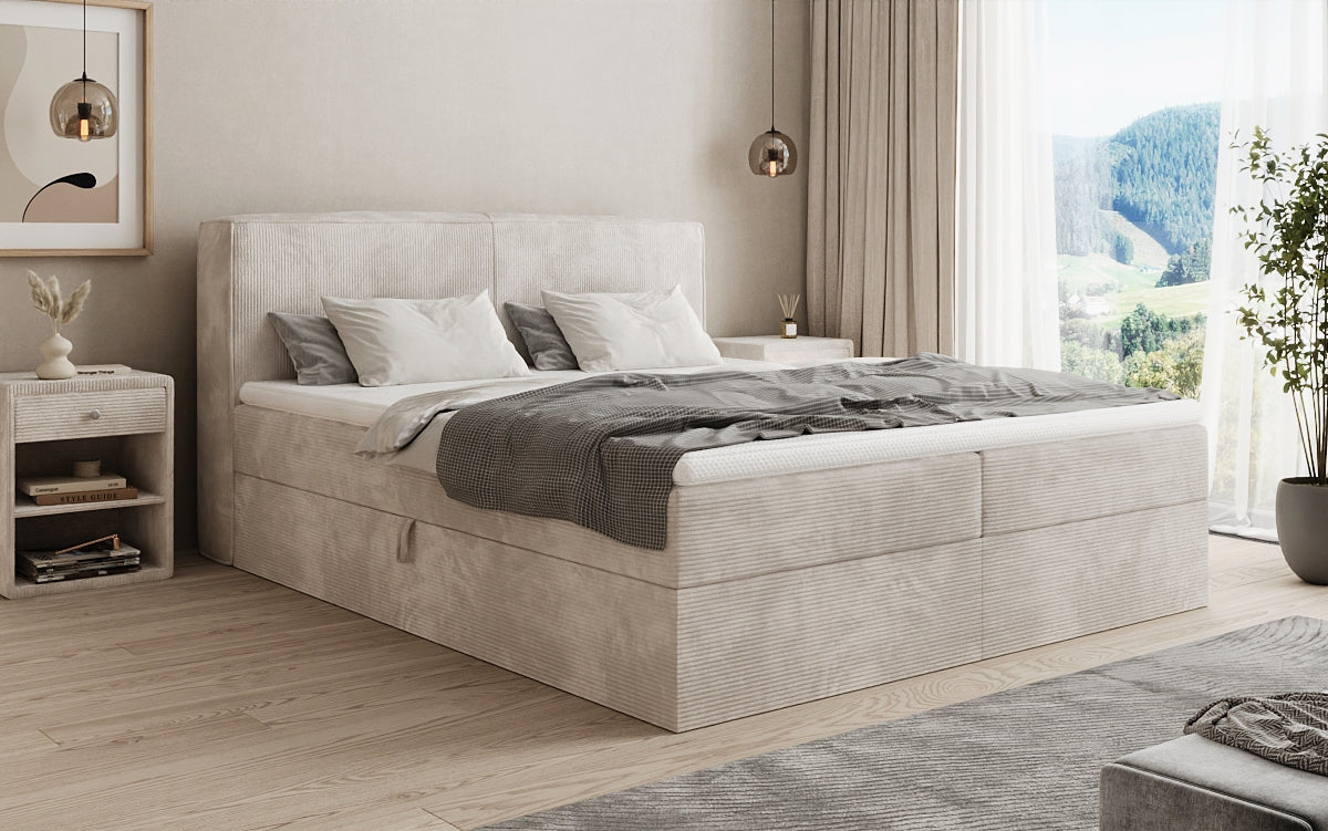 Boxspringbed Marea in Ribstof met opbergruimte