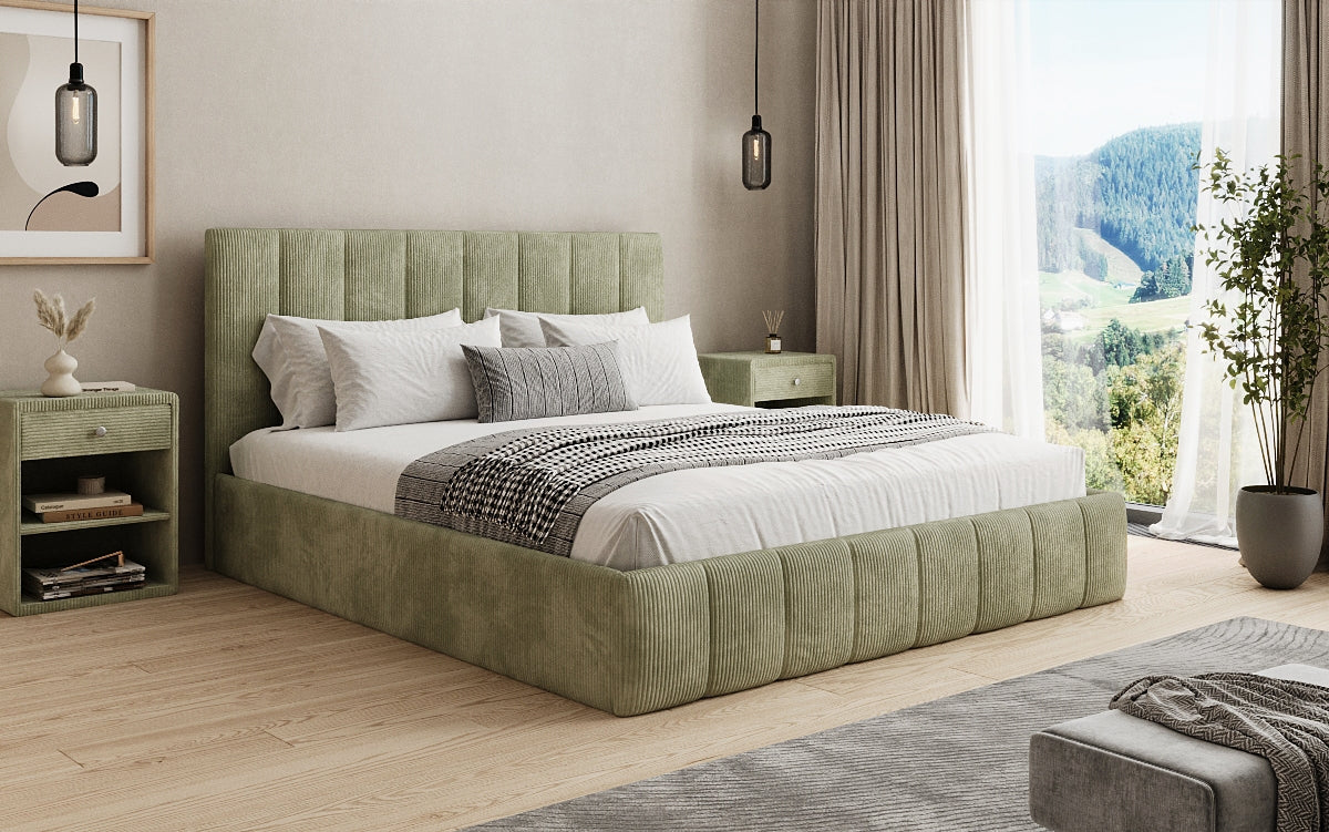 Designer gestoffeerd bed Mila in Ribstof met opbergruimte