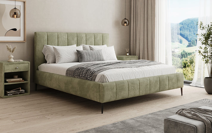 Designer gestoffeerd bed Astrid in Ribstof met opbergruimte
