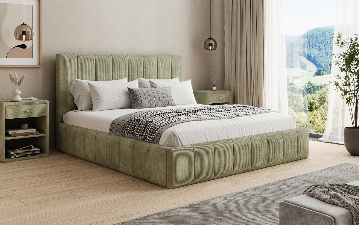 Designer gestoffeerd bed Maja in Ribstof met opbergruimte